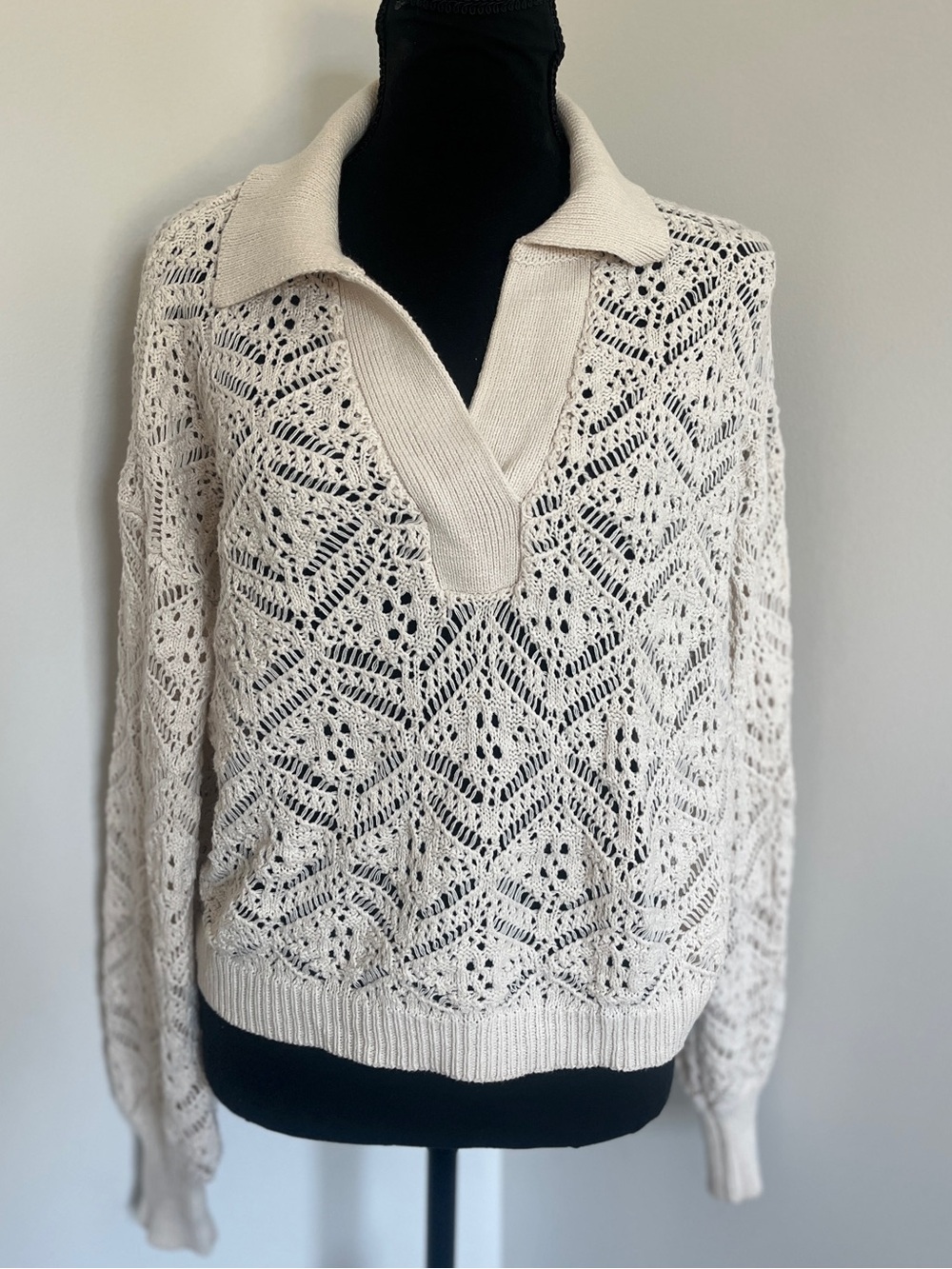 Freshman 1996 Crochet Knit Collared Sweater Cream Open Knit Pullover Sz M Boho